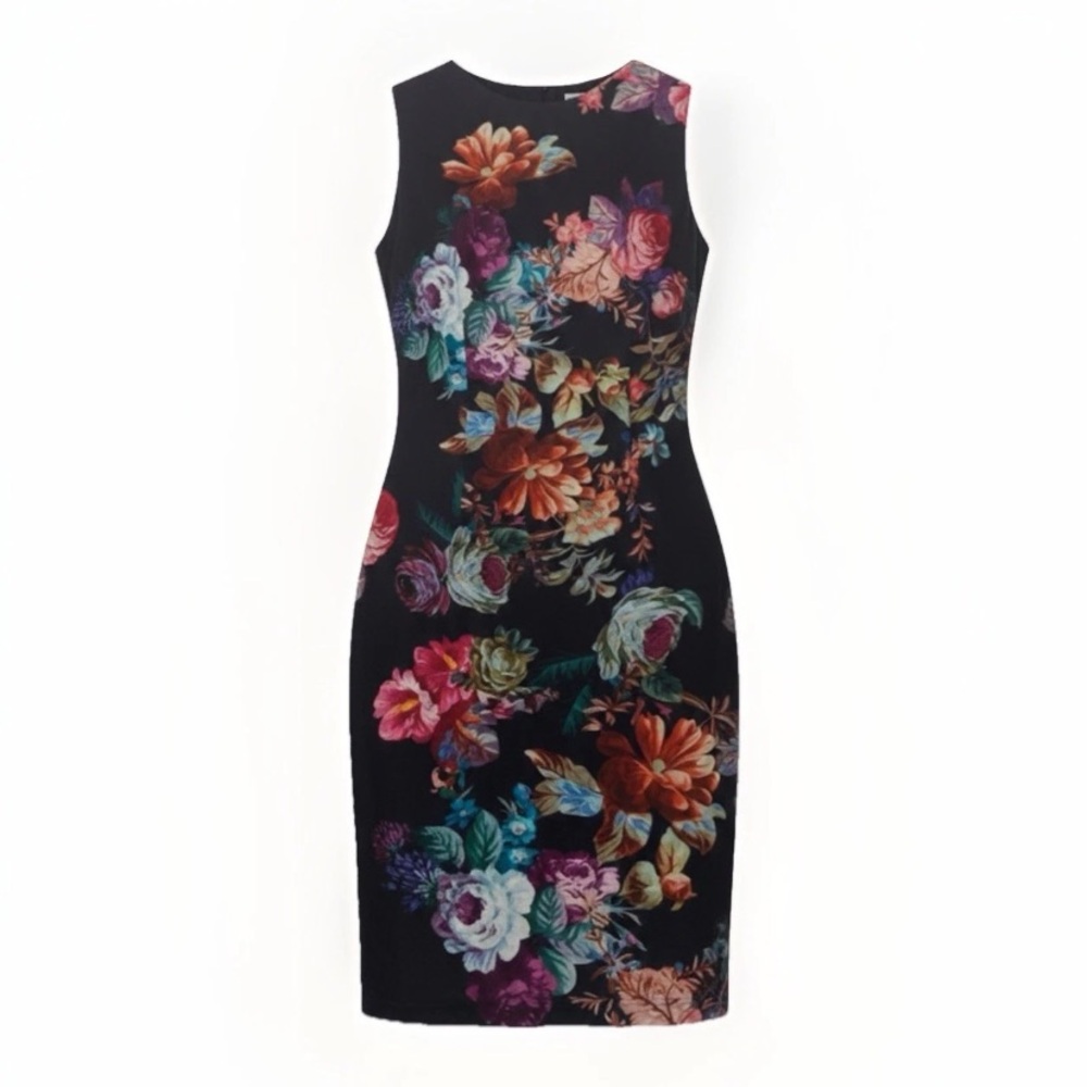 Adrianna Papell Floral Sheath Dress Size 2 | Black Multi Sleeveless